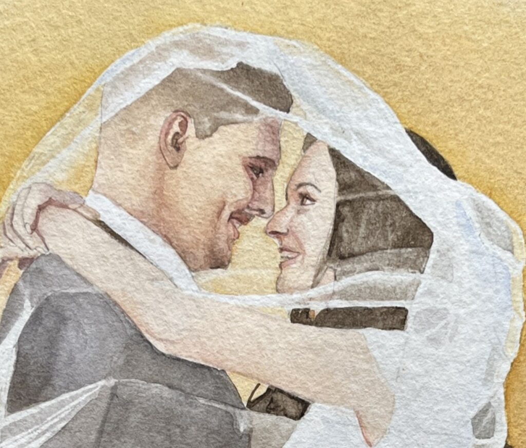 portret ślubny Detal portretu ślubnego akwarelą — twarze pary młodej, malowane ręcznie