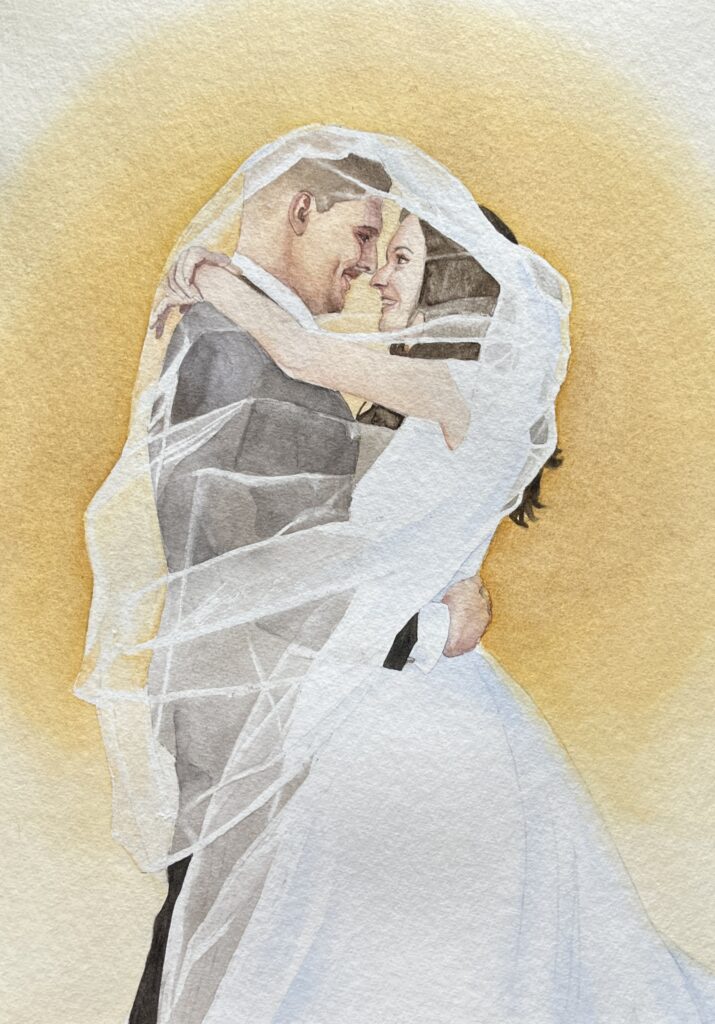 portret ślubny Portret ślubny akwarelą ze zdjęcia, para młoda w welonie, format A3, ręczne wykonanie